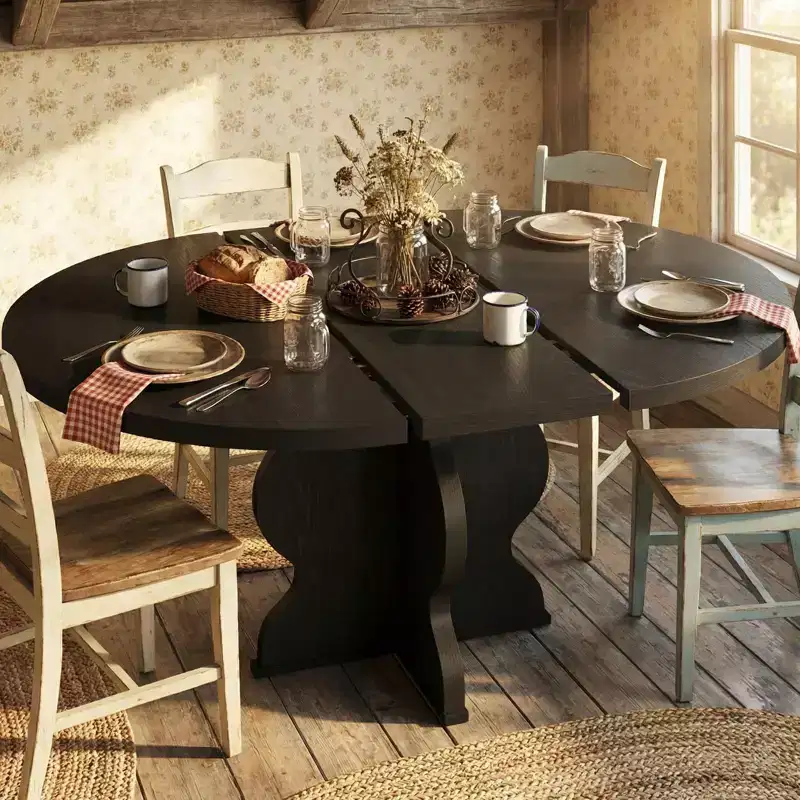 GustoWave 47-63 Extendable Round Dining Table for 4-8, Farmhouse Oval Kitchen Table, Metal Frame, Space-Saving