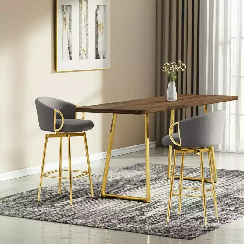 HomeRoots Set of Two 30 Gray and Gold Velvet and Metal Bar Height Swivel Bar Chairs