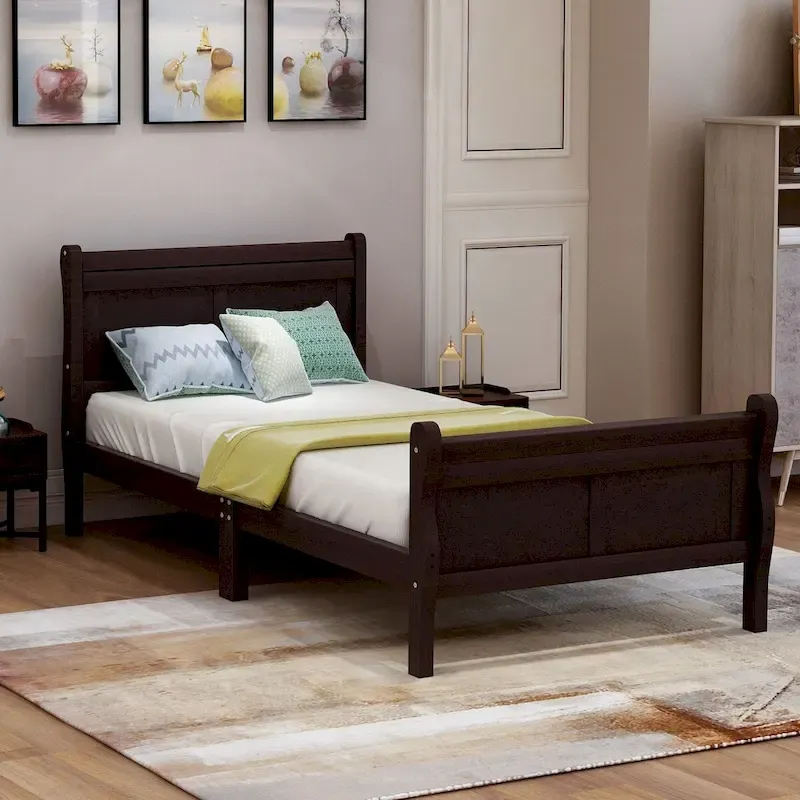 Wood Platform Bed with Headboard, Footboard and Wood Slat Support
