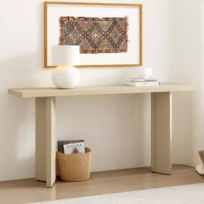Pine Veneer Slim Console Table with Geometric Legs