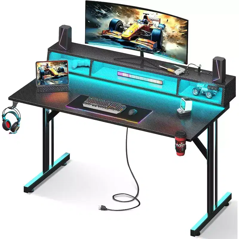 48'' LED Gaming Desk with Power Outlets & Monitor Stand