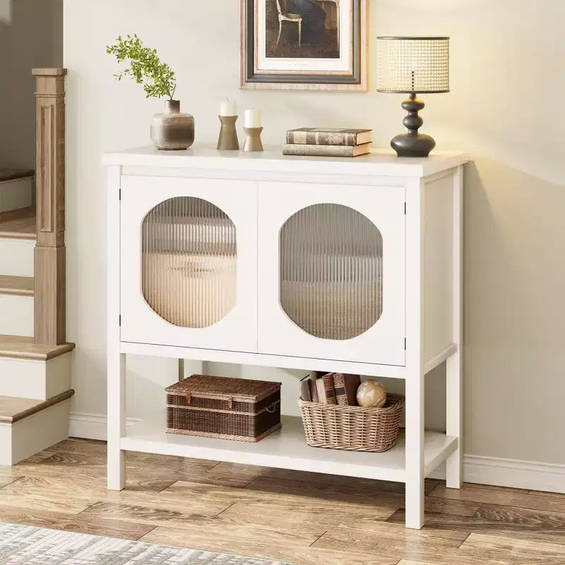 Farmhouse Coffee Bar Station w/2-Door Cabinet, Small Kitchen Cabinet with Open Shelf, Entryway Table with Storage for Dining Room, Kitchen, Hallway