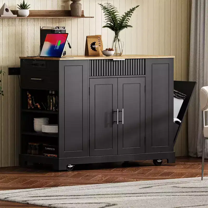 Kitchen Island with Trash Can Storage Cabinet, Power Outlet, Storage Rack, 3 Drawers & 3 Open Side Racks for 10 Gallon Garbage Bin, Black