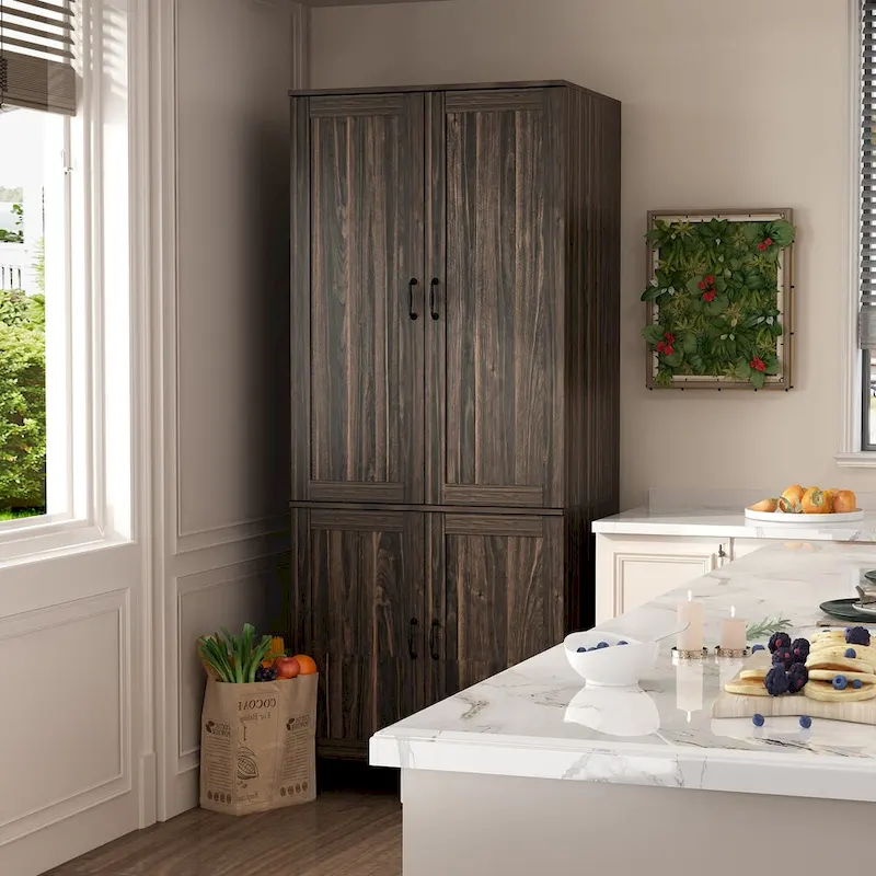 Dark Wood Grain Storage Cabinet Multi-functional Buffet Sideboard - 31.5Wx78.7Hx23.6D