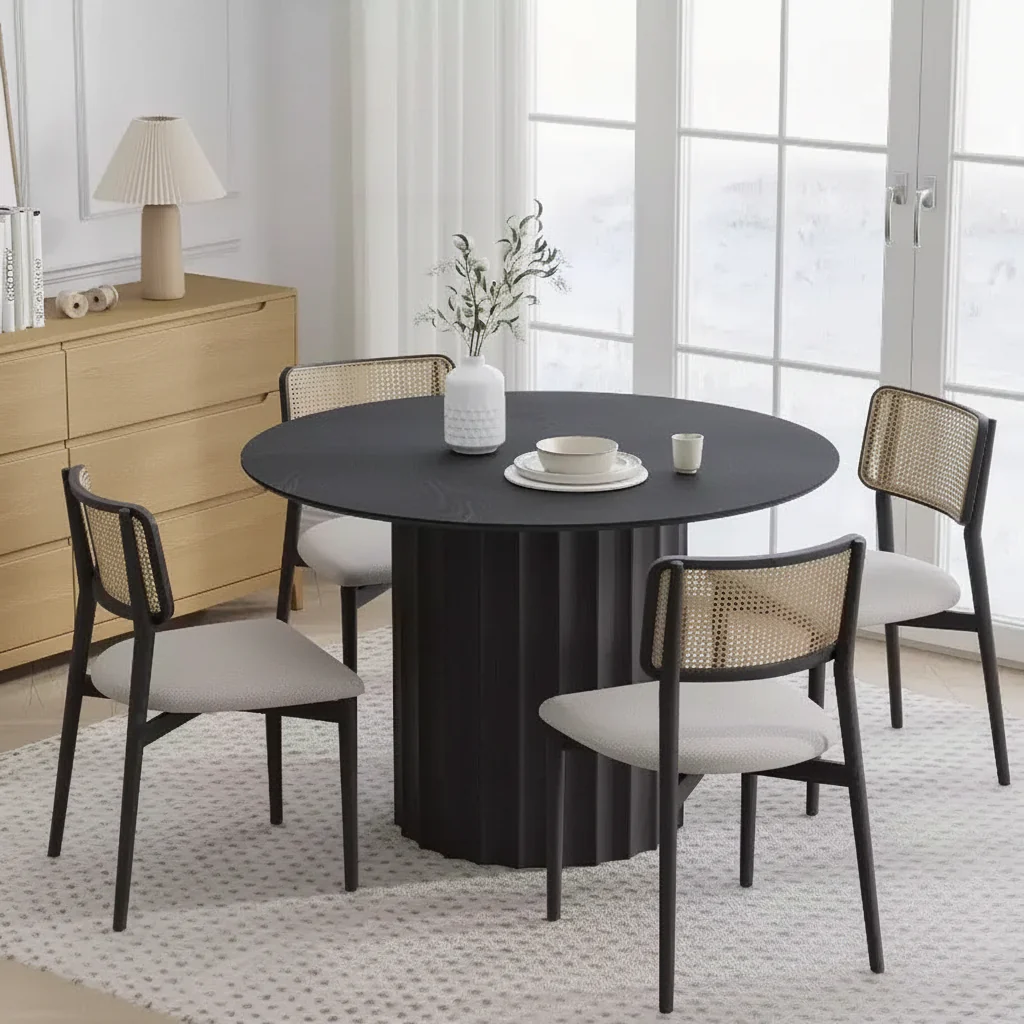 Mid-Century Round Dining Table with Pedestal Base, Seats 4, Black Rubberwood Top, 60 in.