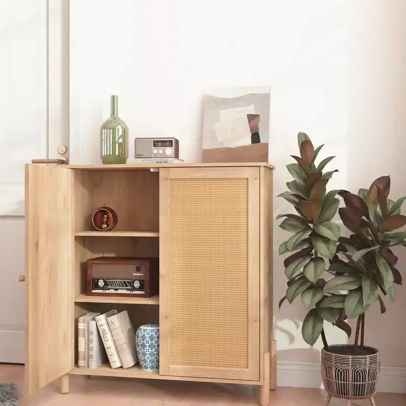 Sideboard Buffet Cabinet with Rattan Decor Doors & Adjustable Shelves, Kitchen Storage Cabinets Accent Cabinet Console Table for Entryway Dining Room