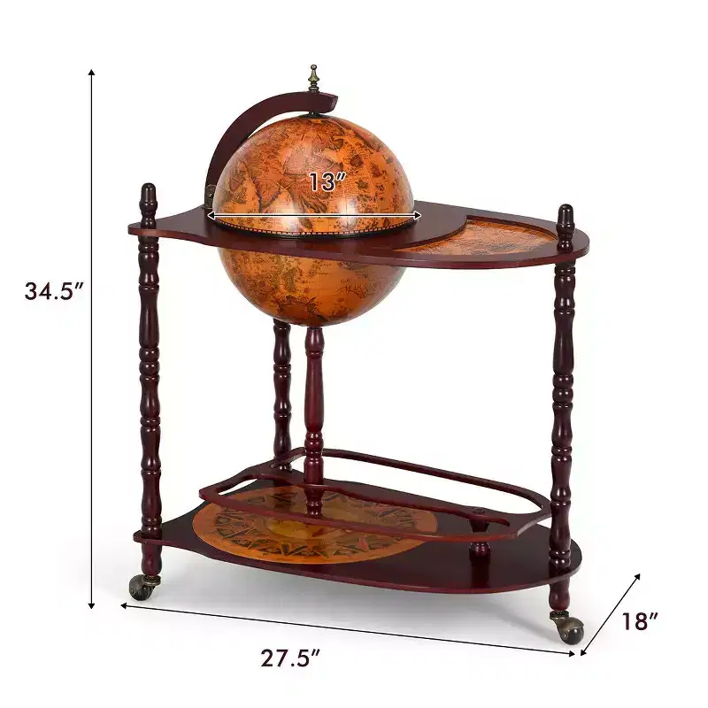 Wood Globe Wine Bar Stand 34'' H 16th Century Italian Rack Liquor Bottle Shelf