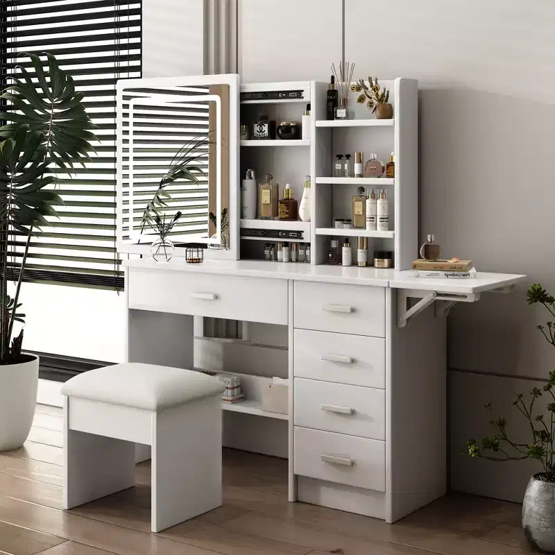 Modern   Mirror Vanity Desk with Lights, 1 Chair, 5 Drawers and Open Shelves