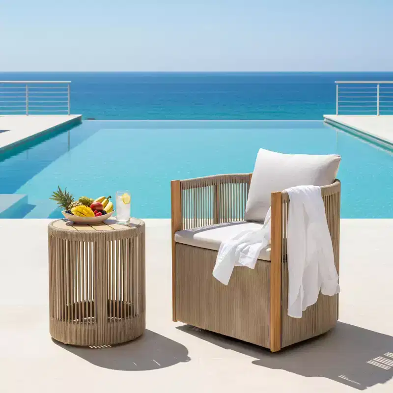 ModernLuxe 2/3-Piece Outdoor Swivel Conversation Set, Rope Wicker Swivel Chairs & Acacia Wood Side Table, Small Space Patio Furniture Set