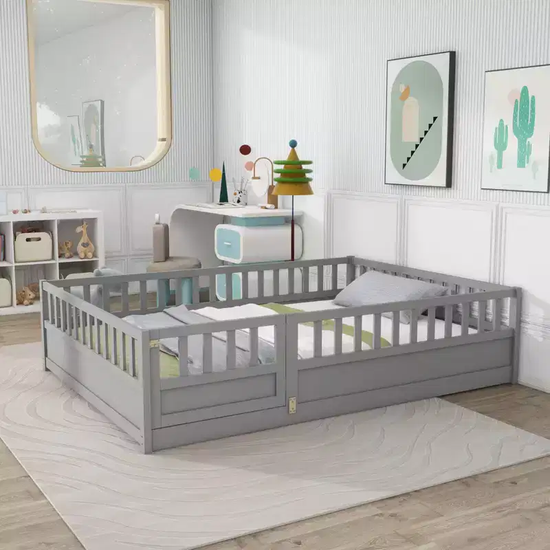 Full Floor Bed Frame with Extra-Tall Safety Rails, Wood Bed Frame with Convenient Entry Door for Bedroom, Gray