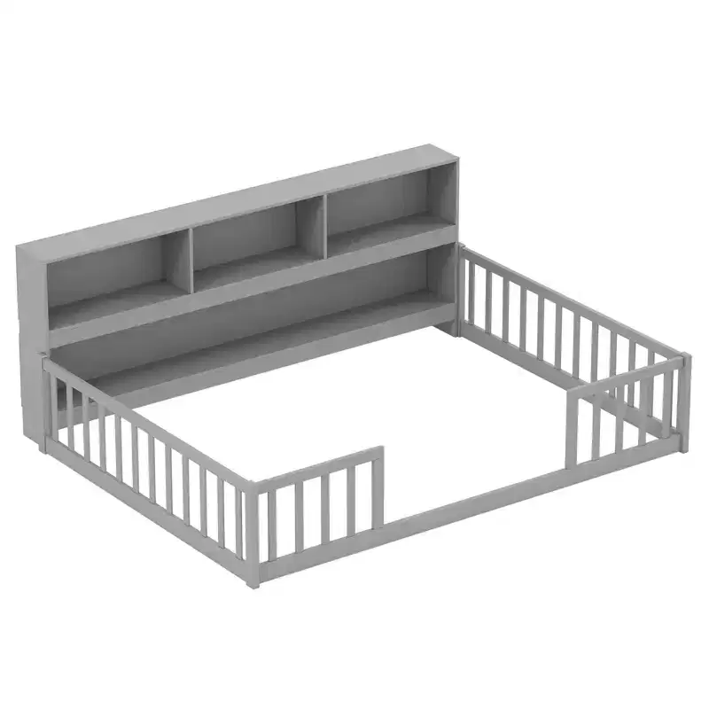Twin/Full Size Montessori Floor Bed with Bookcase Storage Shelves & Safety Fence Rails White/Gray