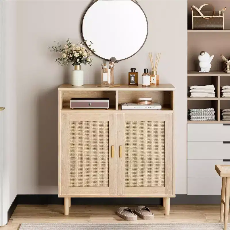 Rattan Sideboard Buffet Cabinet Kitchen Storage with Adjustable Shelf, Modern Farmhouse TV Stand & Coffee Bar for Dining/Living Room