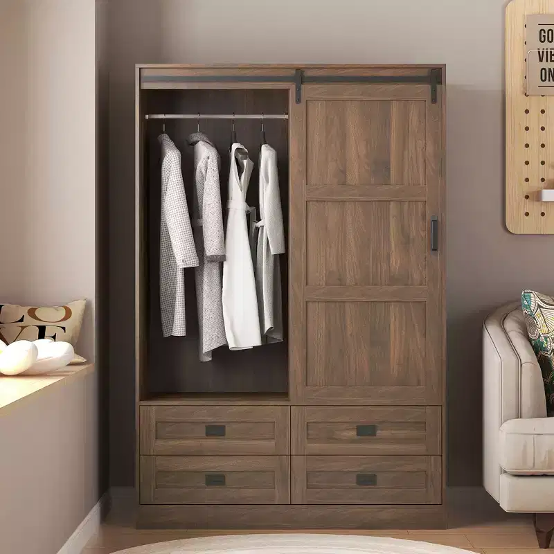 Tall Bedroom Armoire Wardrobe with Hanging Rod, Sliding Barn Door, 4 Drawers & Open Shelves