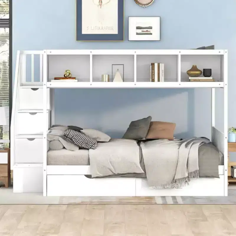 Luxystar Twin over Full Bunk Bed with Shelves, 2 Drawers and Storage Staircase