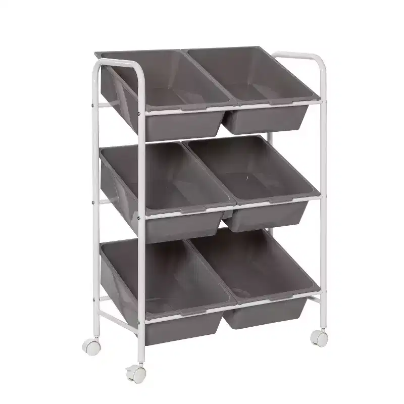 6-Bin Steel Rolling Utility Storage Cart Fade-Resistant in Gray 34 Inch Height