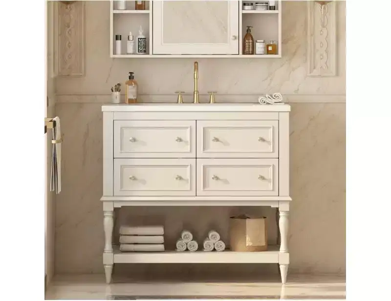 36 Bathroom Vanity, Modern Hardwood Frame Cabinet with Ceramic Sink Top, 4 Drawers & Open Shelf, Freestanding Undermount Lavatory Storage