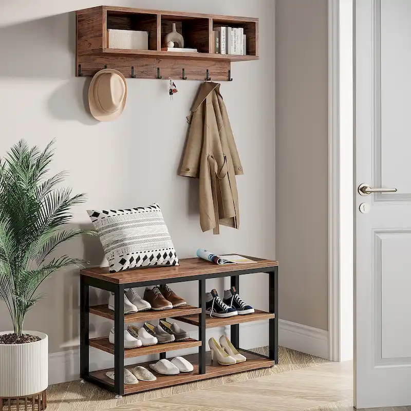 Industrial Entryway Shoe Bench and Wall-Mounted Coat Rack Set, Rustic Brown