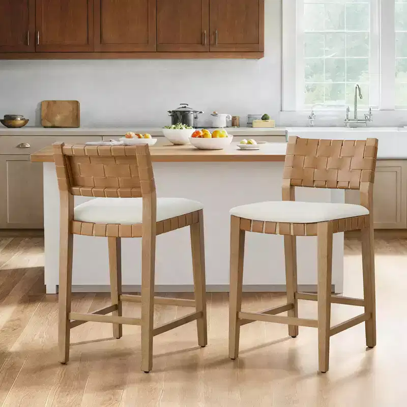 Spruce&Spring 26 Solid Wood Counter Height Barstool with Handwoven PVC Backrest & Upholstered Seat, Set of 2