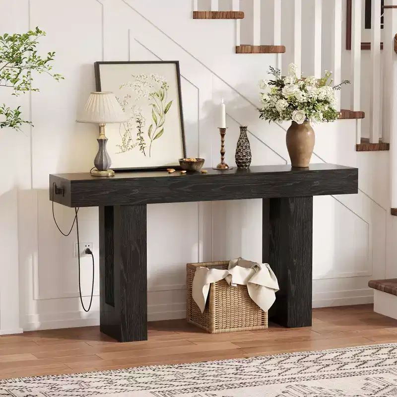 Extra Long Sofa Console Table with Power Outlet, USB & Type-C Ports, Slim Narrow Entryway Table for Hallway, Behind Couch or Living Room