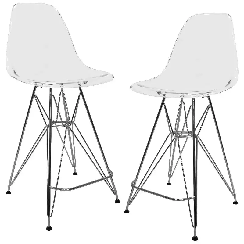 LeisureMod Cresco Modern Acrylic Barstool  Lightweight Steel Frame and Footrest Counter Stool for Kitchen Island, Home Bar, or Dining Area Set of 2