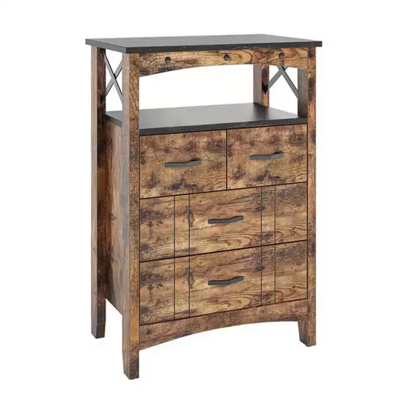 Rustic Storage Cabinet with 2 Shelves and 4 Drawers – Dark Brown