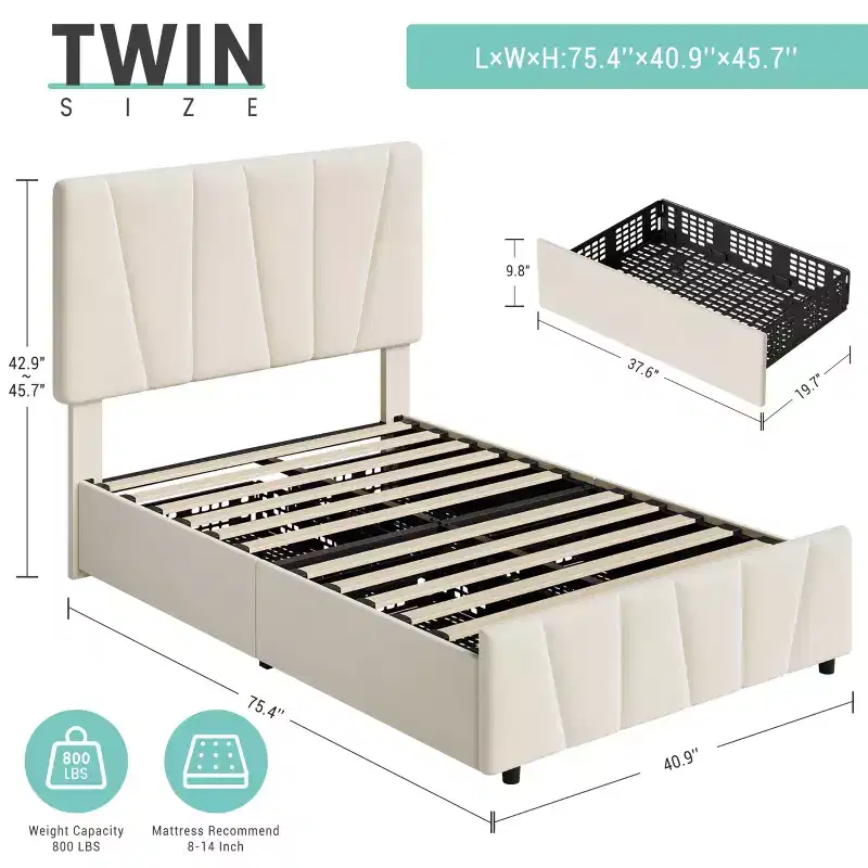 Twin Bed Frame with Adjustable Headboard, 2 Storage Drawers, Velvet Tufted Platform, Wood Slats, No Box Spring Needed