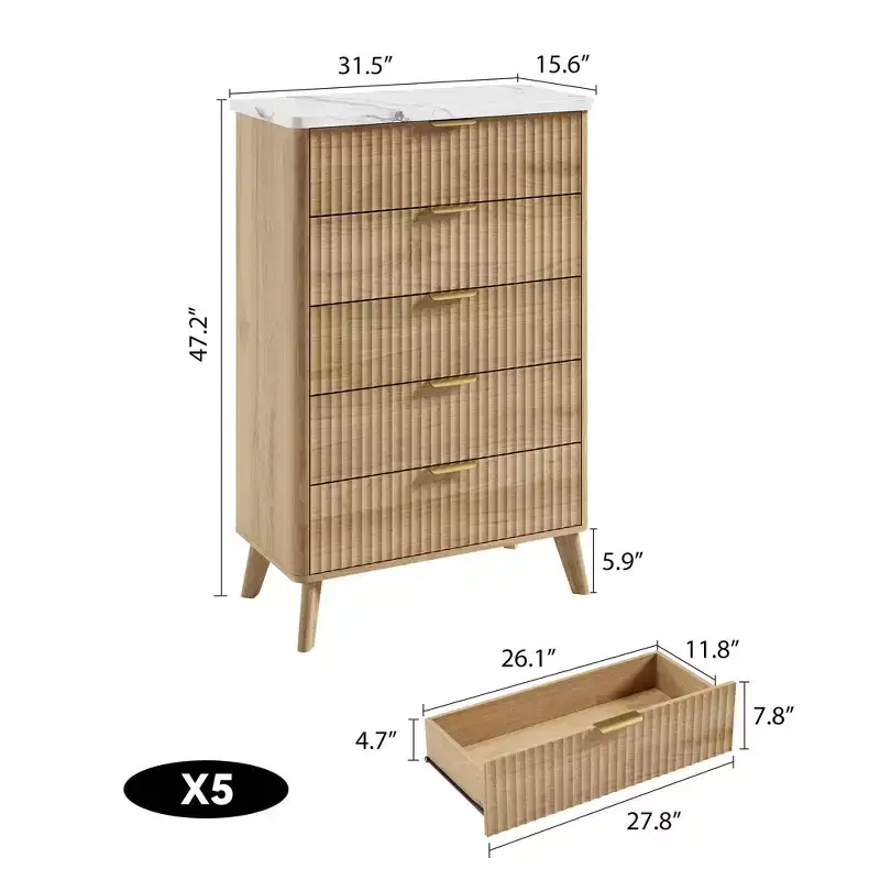 47.2 Tall Fluted 5-Drawer Dresser for Bedroom, Modern Wood Chest of Drawers with Faux Marble Top & Curved Profile for Living Room & Hallway