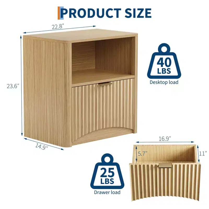 Nightstand Set of 1, Fluted Nightstand with Drawer and Storage, End Table Mid Century Modern, Wooden Nightstand for Bedroom Sofa Office,Oak