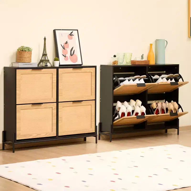 VEVOR Rattan Shoe Cabinet, with 4 Flip Drawers, Slim Shoe Entryway Storage Cabinet with Metal Legs, for Entryway, Closet, Hallway, Black