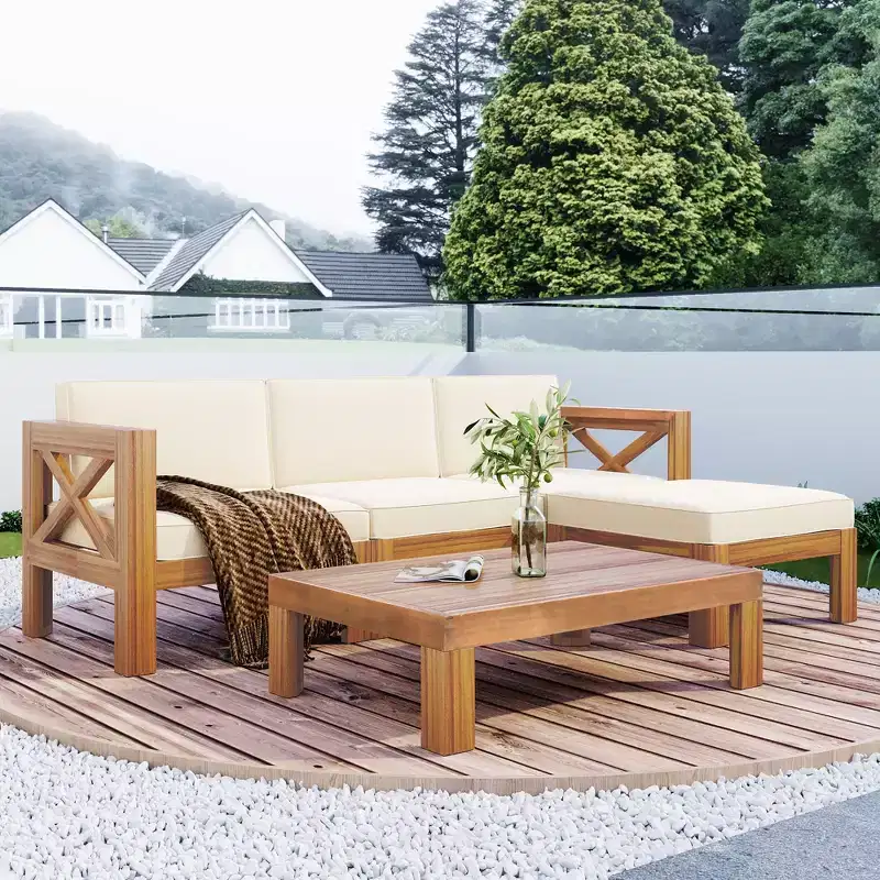 Whisen Natural Wood 5-Piece Patio Sectional Sofa Set with Cushions for Outdoor Backyard