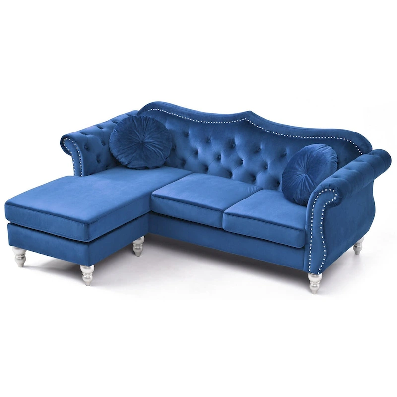 Hollywood 81 in. Velvet Chesterfield Sectional Sofa with 2-Throw Pillow - 81L x 35W x 34H