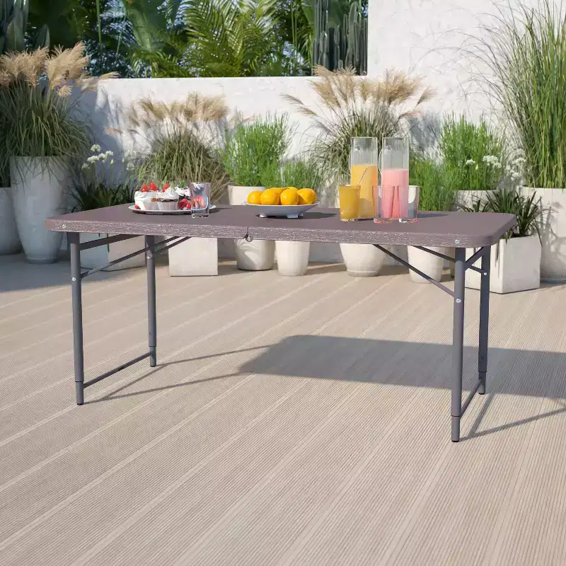 4-Foot Height Adjustable Bi-Fold Dark Gray Plastic Folding Table with Handle