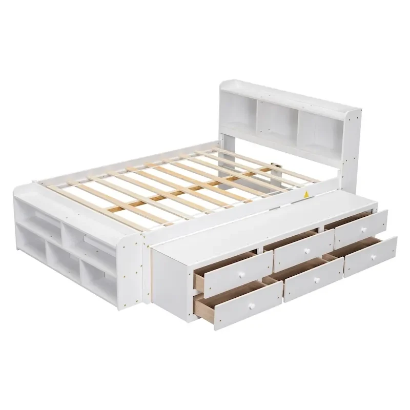 Full Bed with Bookcase Headboard, Under bed Storage Drawers and Bed End Storage Case