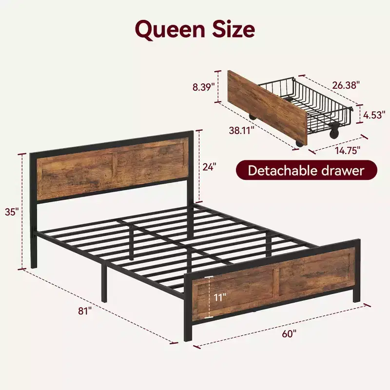 Queen Bed Frame with 4 Storage Drawers, Metal Platform Bed with Wood Headboard & Footboard, No Box Spring Needed, Noise Free