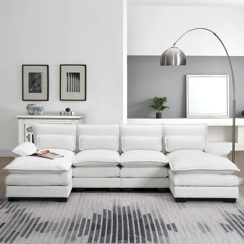 [VIDEO provided][New]109.8*55.9 Modern U-shaped Sectional Sofa with Waist Pillows,6-seat Upholstered Symmetrical Sofa Furniture