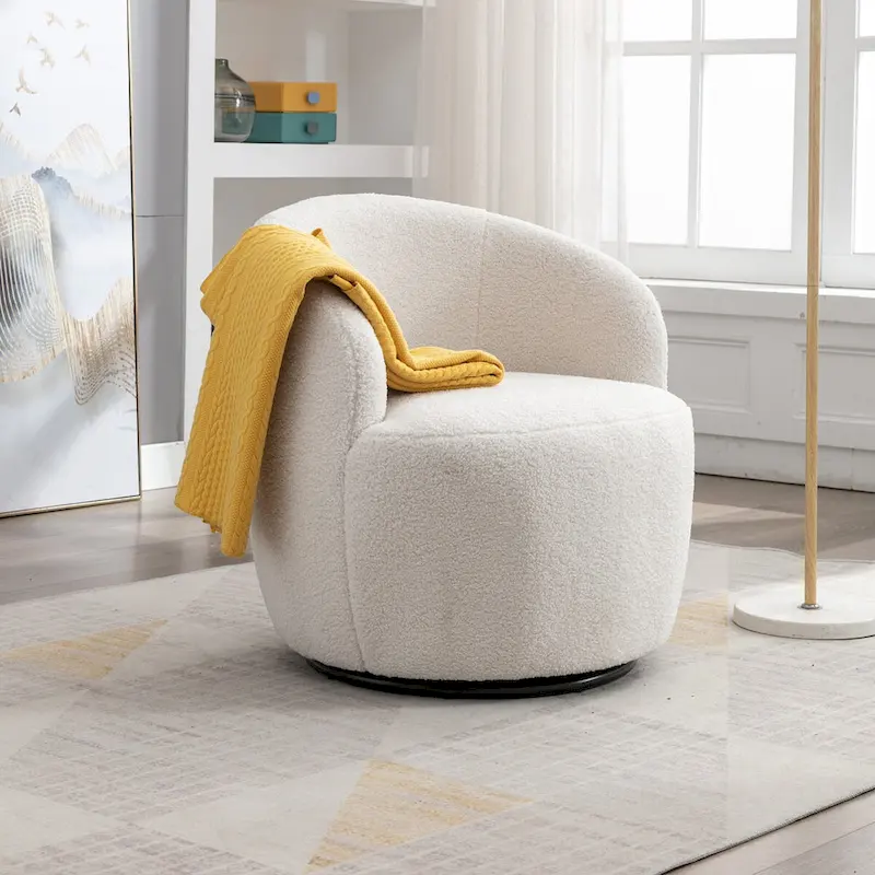 Swivel Accent Armchair Teddy Fabric Upholstered Barrel Chair with Black Point Round Swivel Metal Base