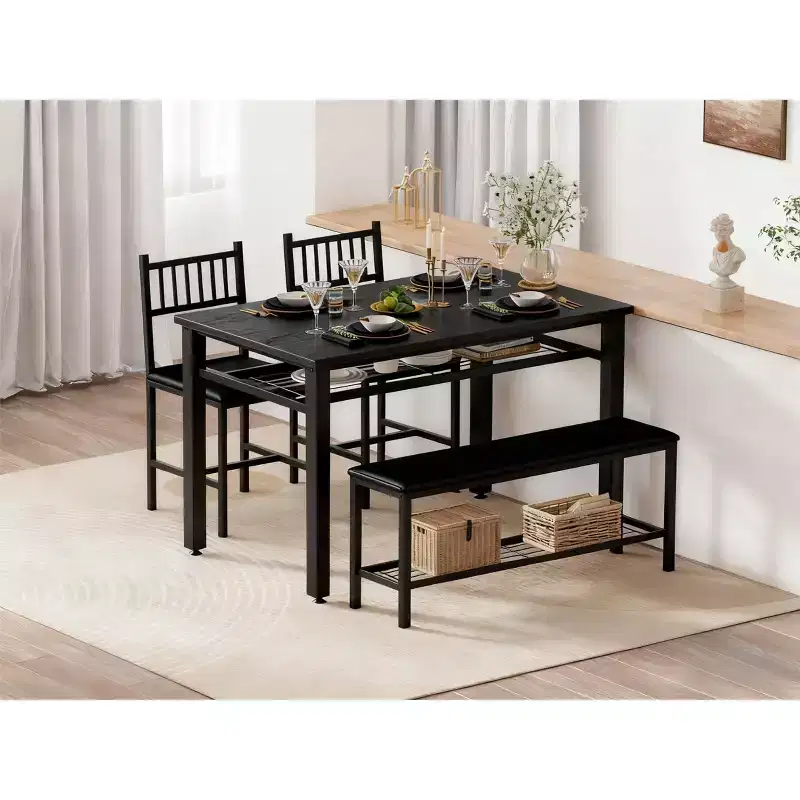 Dining Table Set for 4, Brown Kitchen Table with 2 Chairs and Bench, Table and Bench with Storage Place, 4 Piece Dining Table Set for Small Space