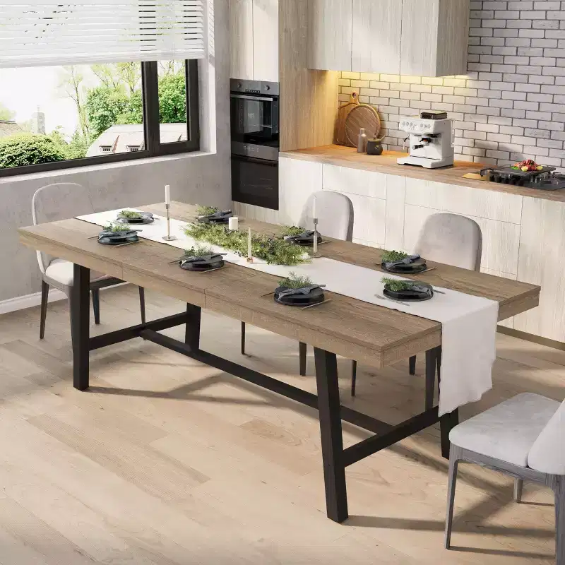 63-83 Extendable Industrial Dining Table. Rectangular Expandable Kitchen Table for 6-8 People. Metal Frame for Dining Room