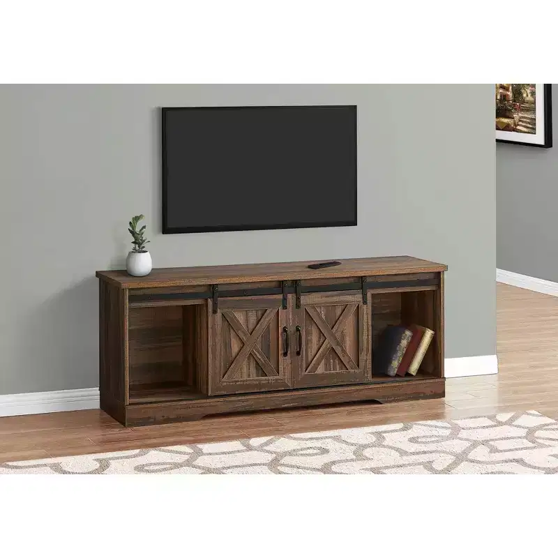 Reclaimed Wood Look TV Stand for TVs up to 60" with Barn Style Sliding Doors Brown - EveryRoom: Modern-Farmhouse Media Console