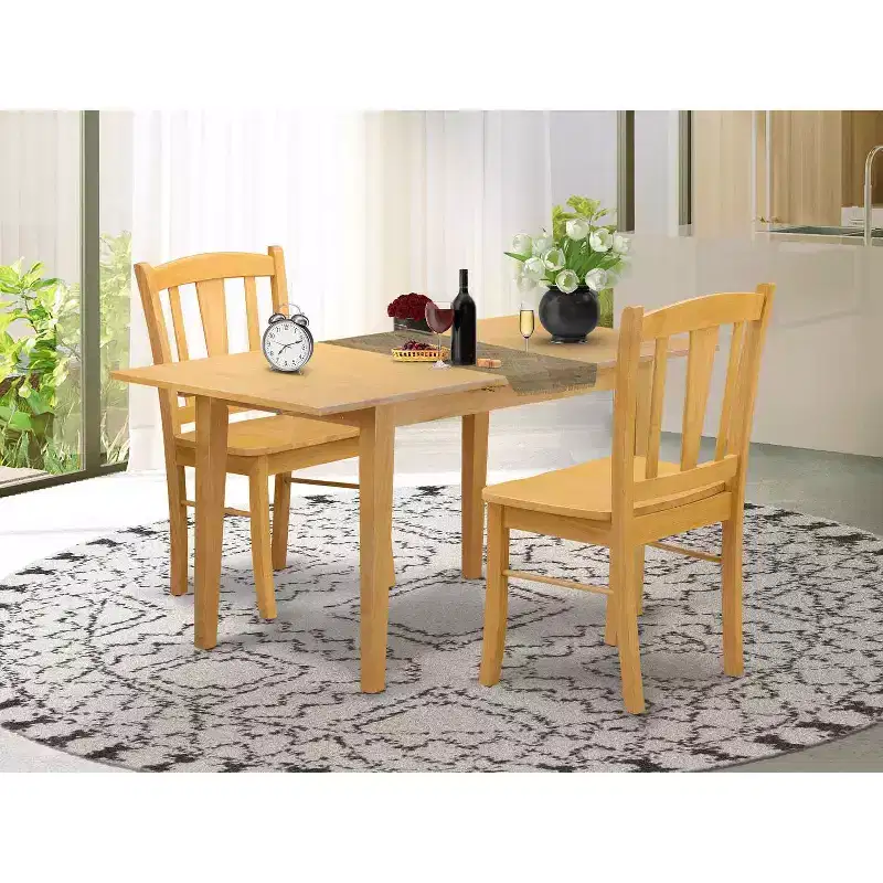 HomeStock 3-Pc Natural Brown Oak Finish Rectangular Solid Wood Top with Butterfly Leaf Dining Table Set