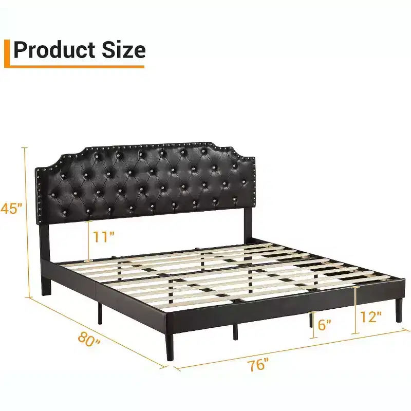 King Platform Bed Frame, Black Upholstered, Button Tufted Headboard, 6in Underbed Storage, Wooden Slats, No Box Spring, Easy Assembly