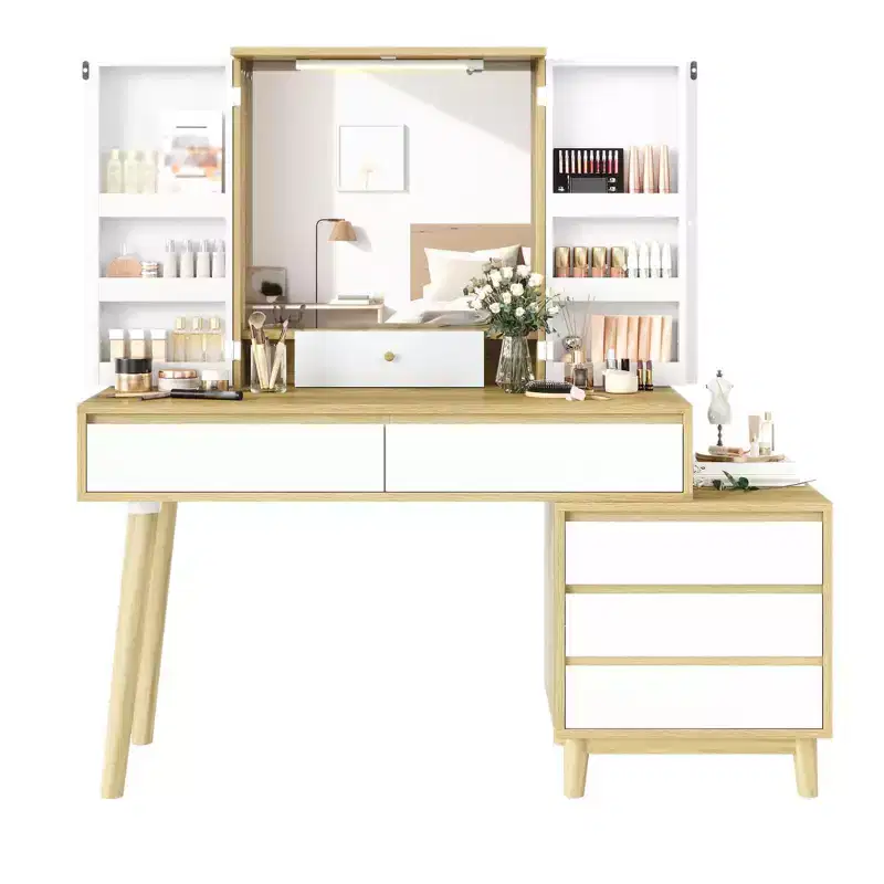 Vanity Desk, Makeup Vanity - with Mirror & Lights, 7 Drawers, Big Set with Stool for Bedroom (White)