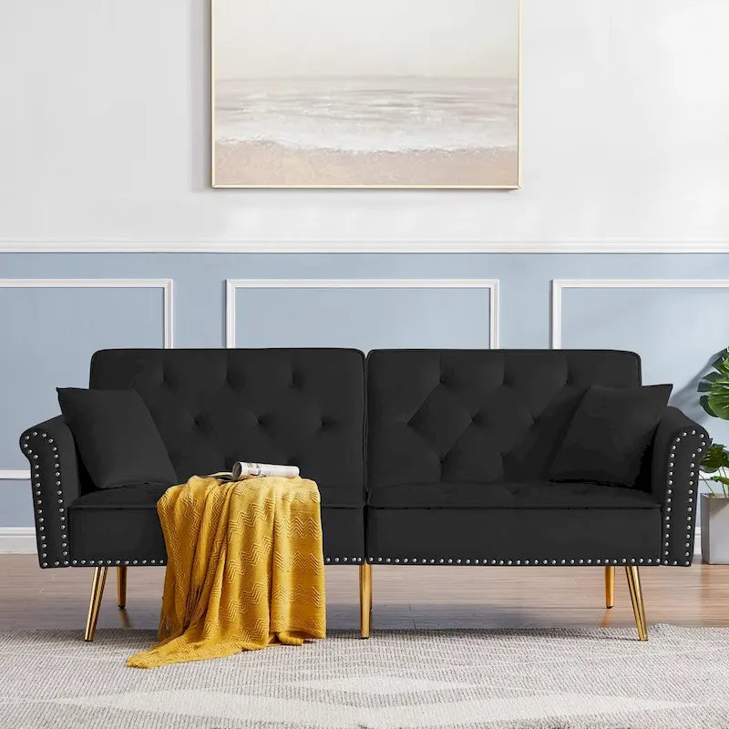 Velvet Tufted Sofa Couch with 2 Pillows and Nailhead Trim