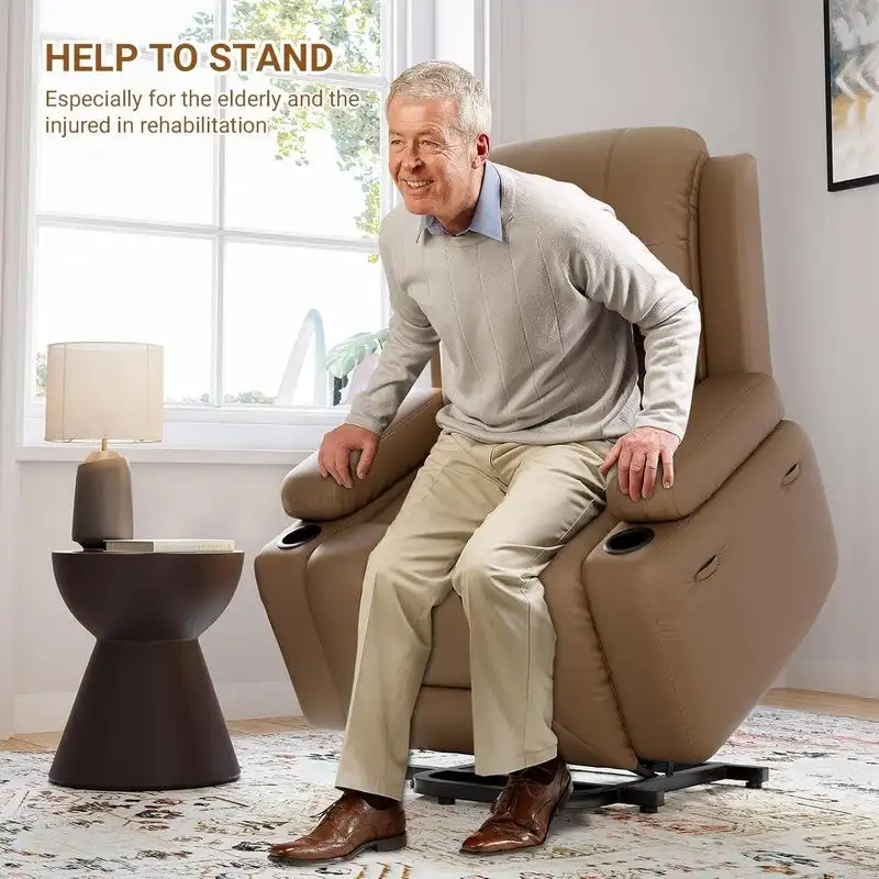 Power lift recliner chair with massage, cup holders, and side pocket.