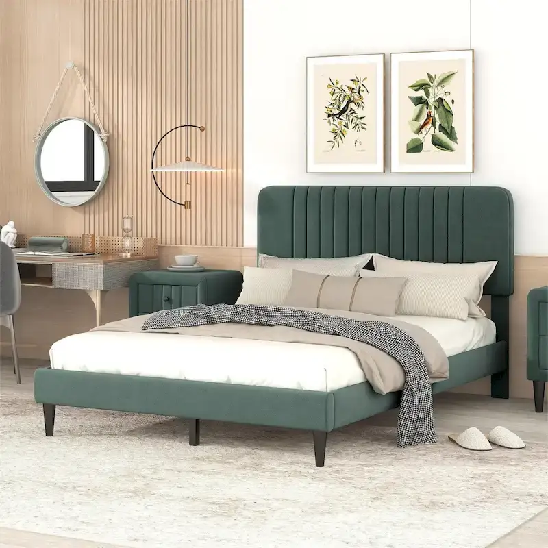 Queen Size Upholstered Platform Bed,No Box Spring Needed, Velvet Fabric