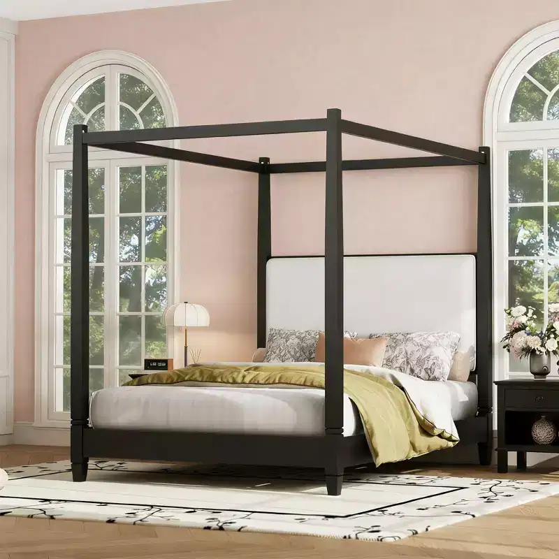 Modern Canopy Platform Bed with Upholstered Headboard