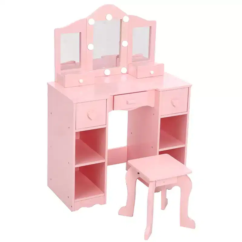 Kids Vanity Set, 2-In-1 Wooden Toddler Vanity Table With Stool, Tri-Folding Mirror & Drawer, Desk Dressing Table for Little Girls