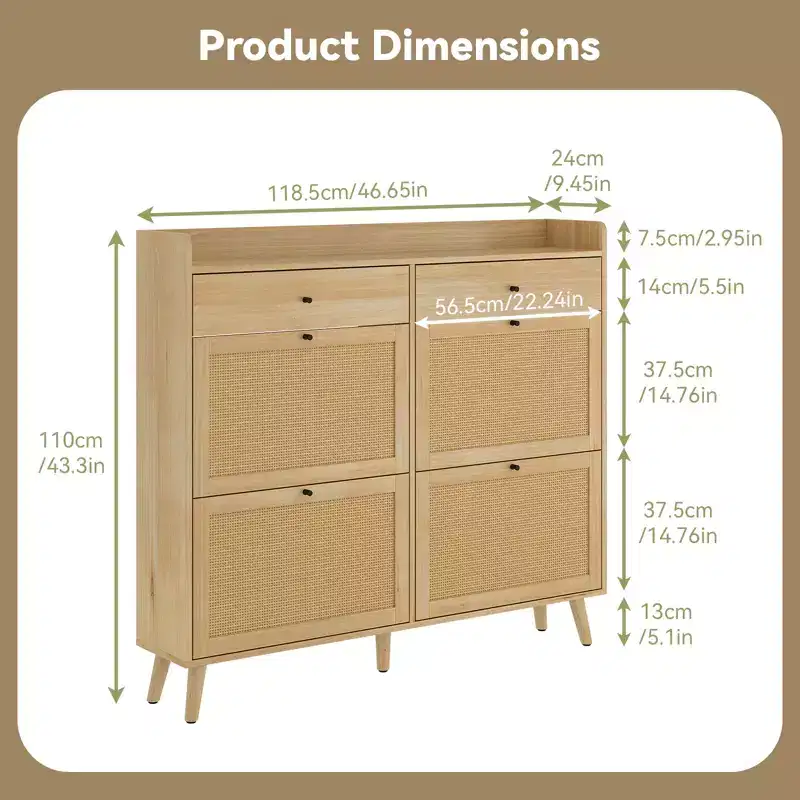 Acekool Rattan Shoe Storage Cabinet, 4 Flip Drawers & 2 Drawers, Boho Organizer for Entryway, Hallway, Living Room, Nature Oak
