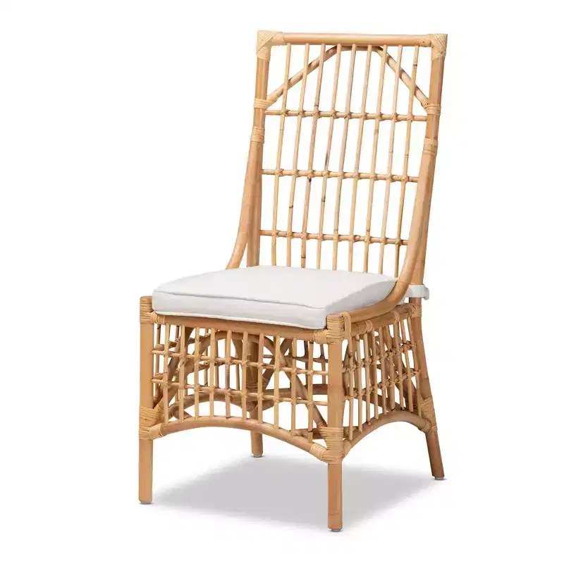 Fabric Upholstered and Rattan Dining Chair White/Natural: Cotton-Polyester Blend, Bohemian Style, No Assembly Required