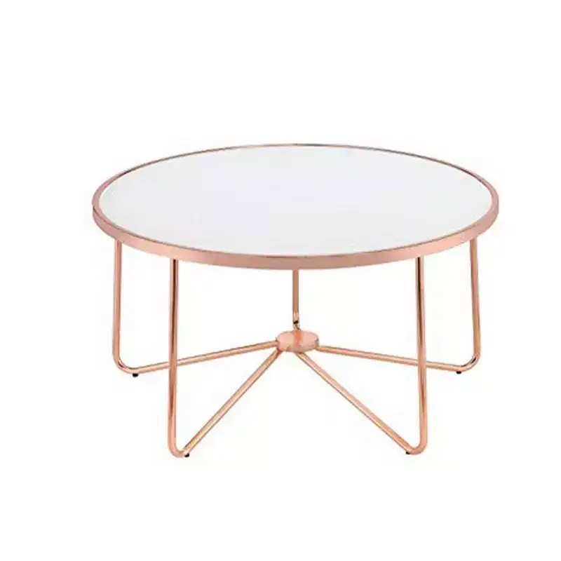 Round Glass Top Coffee Table with Metal Base, Pink